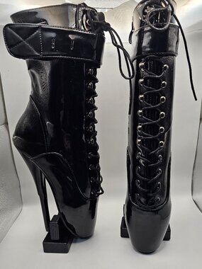 Devious Ballet‑1025 Black Patent 7" Spike Heel Ballet Ankle Boots, Size 8 (NWOT)